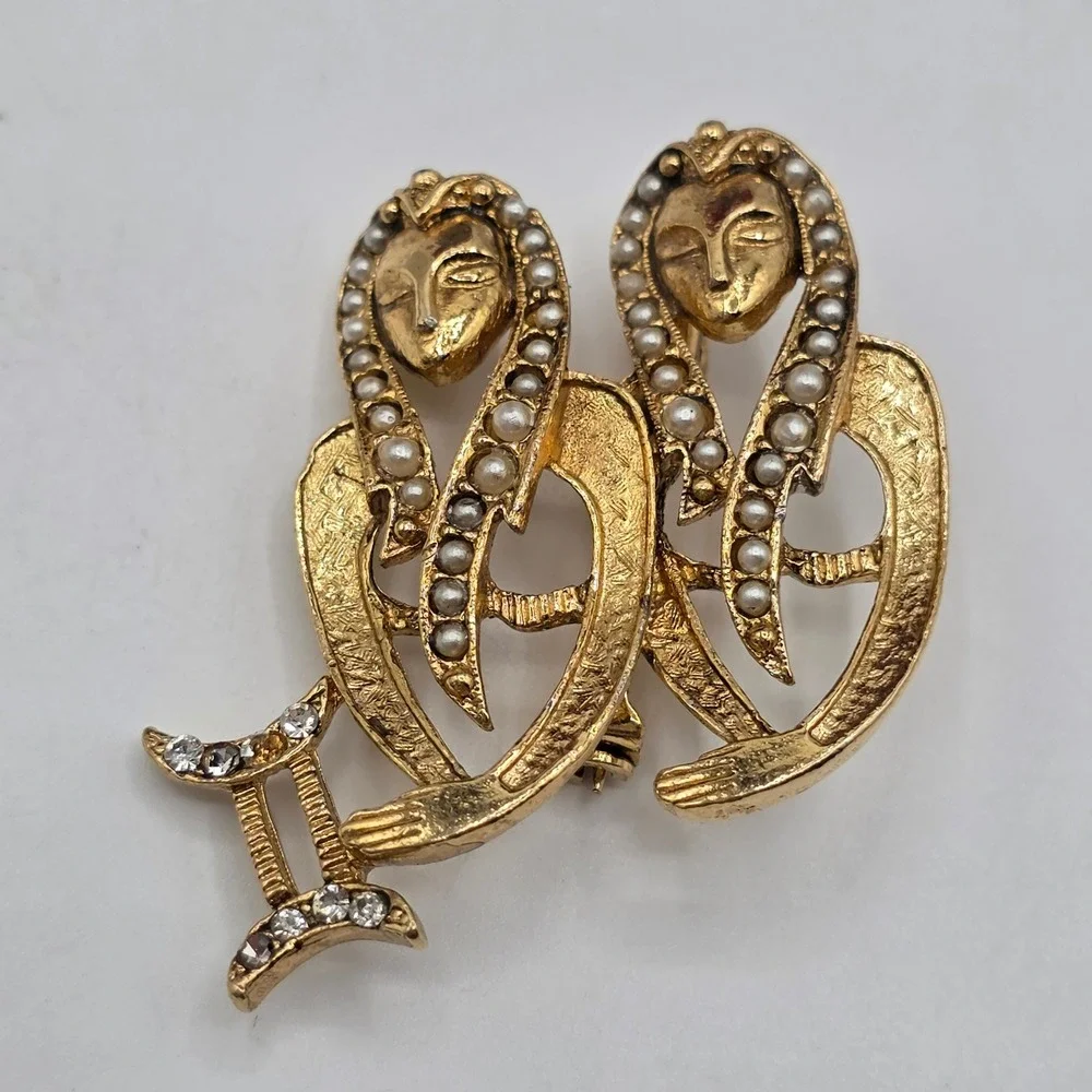 Vintage Gemini Zodiac Brooch Gold Tone Faux Pearl Rhinestone Twin Goddess Pin